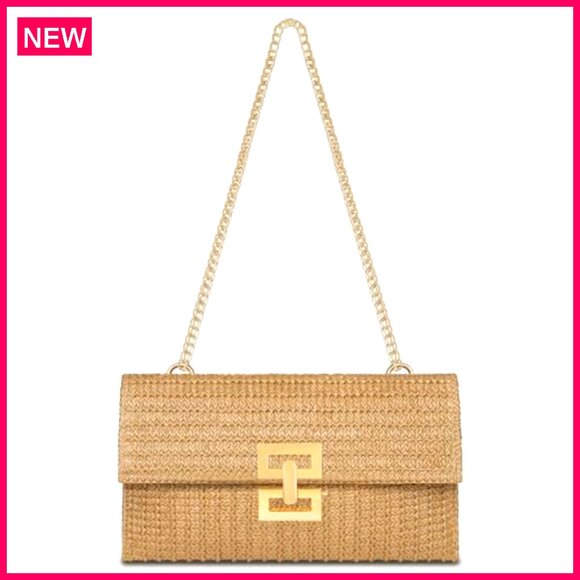 Straw Clutch Evening Bag with Adjustable Chain Strap for Summer Events